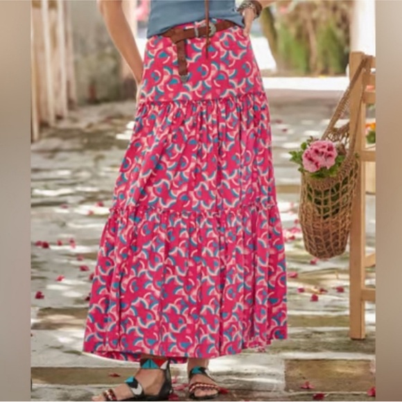SUNDANCE “Iberia” Geo Peasant Maxi Skirt Tiered Coastal Cowgirl Beachy Pink - Picture 1 of 8